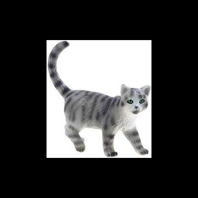 Figura decorativa de gato cinzento com listras pretas e olhos verdes