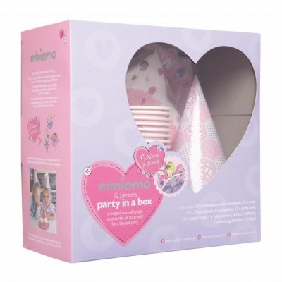 Caixa festa 12 pessoas 'party in a box' rosa e lilás com padrões florais e corações