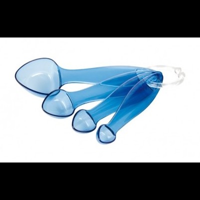 Conjunto de 4 colheres medidoras azuis de diferentes tamanhos unidas por argola