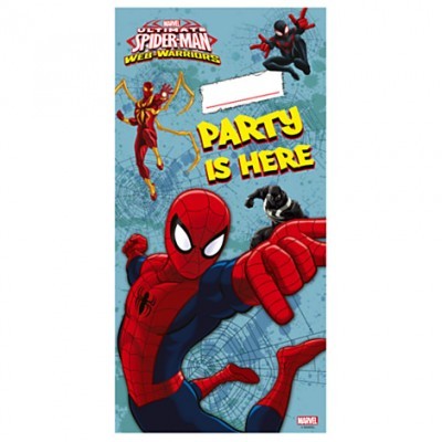 Convite de festa Ultimate Spider-Man com várias figuras do Homem-Aranha em fundo azul e texto PARTY IS HERE