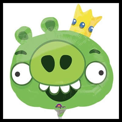 Balão metálico verde em forma de cabeça de porco com coroa amarela