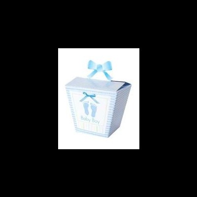Caixa de presente azul e branca com laços e texto Baby Boy