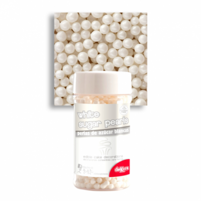 Frasco transparente com pérolas de açúcar brancas para decoração de bolos.