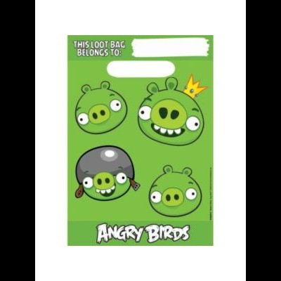 Saco verde com personagens porcos de Angry Birds e texto em inglês