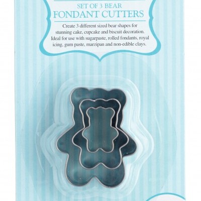 Conjunto de 3 cortadores de urso para fondant em embalagem azul claro