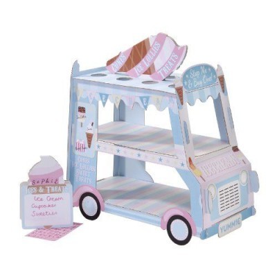 Carrinho de brinquedo em tons pastel azul e rosa com tema de gelados