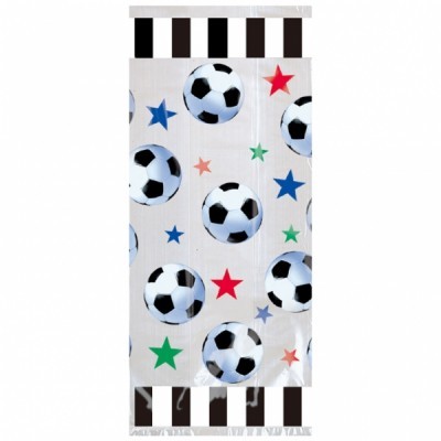 Toalha com padrão de bolas de futebol e estrelas coloridas com bordas listradas