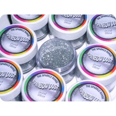 Frascos de pó brilhante prata com tampas brancas e etiquetas coloridas com texto Rainbow Dust