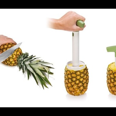 Utensílio verde para extrair polpa de abacaxi em três etapas