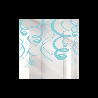 Decorações suspensas de papel espiral azul claro em teto branco