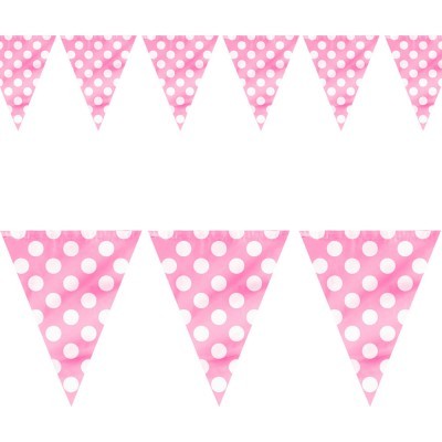 bandeirolas cor-de-rosa com bolinhas brancas em fundo branco