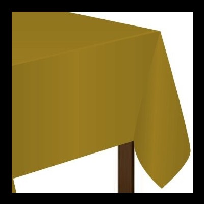 Mesa com toalha amarelo-ouro e perna de madeira visível