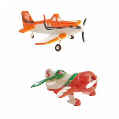 Dois aviões de brinquedo coloridos, um laranja e branco e outro vermelho e verde