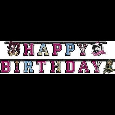 Faixa decorativa com texto HAPPY BIRTHDAY e personagens de desenho animado