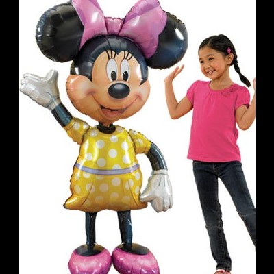 Balão de personagem Minnie feita de metalizado amarelo com bolinhas brancas e laço rosa.