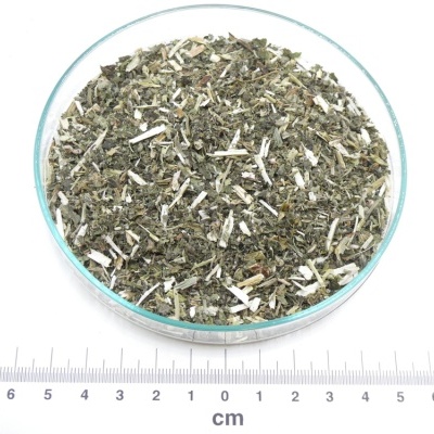 Prato de vidro com ervas secas misturadas verdes e brancas sobre superfície branca com régua em centímetros