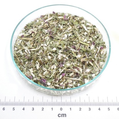 Mistura de ervas secas verdes em recipiente de vidro com régua em centímetros