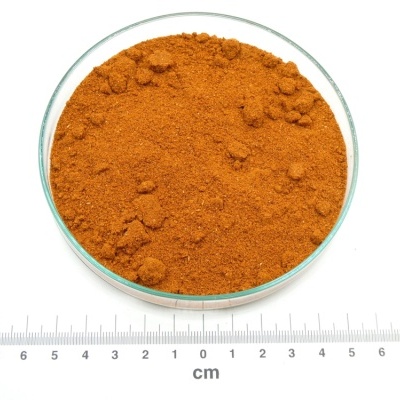 Pó granulado castanho alaranjado em placa de vidro com régua em centímetros num fundo branco.
