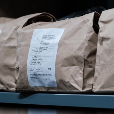 Pacotes de papel castanho com etiquetas brancas em prateleira azul