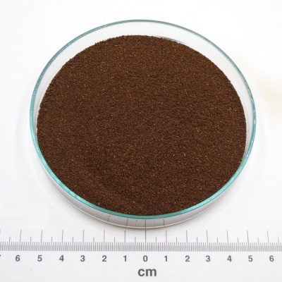 Pó castanho escuro em placa de vidro com régua em centímetros