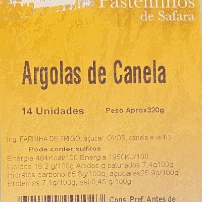 Embalagem amarela de pastelinhos Argolas de Canela com texto e código de barras