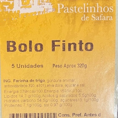 Etiqueta amarela de Pastelinhos de Safara Bolo Finto com texto informativo