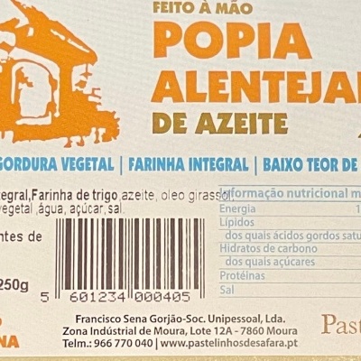 Etiqueta de produto alimentar Popia Alentejana de azeite com tabela nutricional e ingredientes.