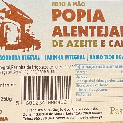 Etiqueta de produto Popia Alentejana de Azeite e Canela com texto legível