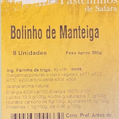 Rótulo amarelo de embalagem com texto de bolinhos de manteiga Tradição Alentejana