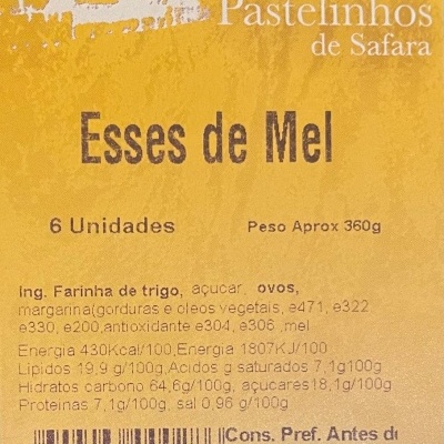 Etiqueta amarela de Pastelinhos de Safara sabor Esses de Mel com instruções e dados nutricionais
