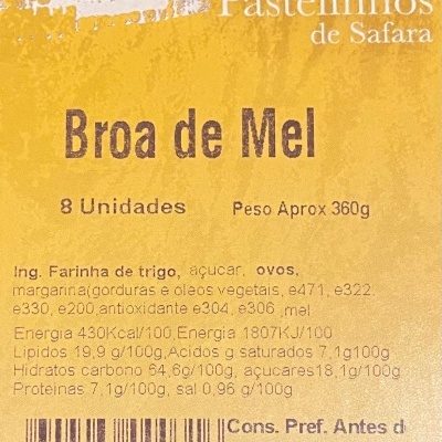 Etiqueta de embalagem de Pastelinhos de Safara Broa de Mel com texto e código de barras