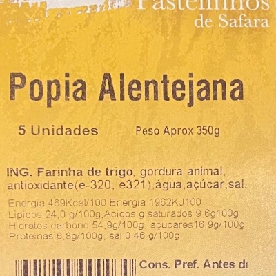 Rótulo amarelo de Pastelinhos de Safara Popia Alentejana com texto e código de barras