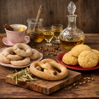 Biscoitos em pratos com chávena, mel e bebida numa mesa de madeira