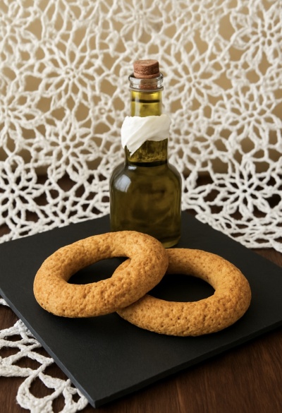 Duas broas redondas com garrafa pequena de vidro e tampa de cortiça em placa preta, fundo rendado branco