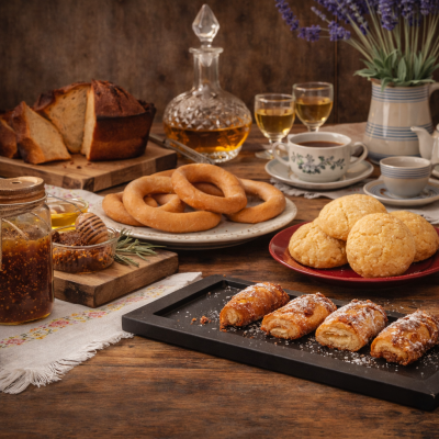 Produtos de pastelaria variados sobre mesa de madeira com chá e flores lilases