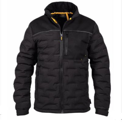 Casaco preto acolchoado com bolso no peito e detalhes amarelos