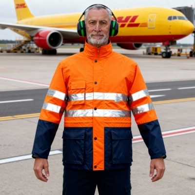 Homem com casaco refletor laranja e azul em aeroporto com avião DHL amarelo ao fundo