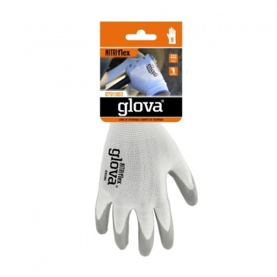 Luvas de segurança brancas com palma cinza e embalagem laranja e preta