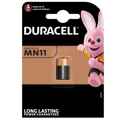 Embalagem de pilha Duracell MN11 com coelho cor-de-rosa