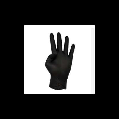 Luva preta fina de látex ou nitrilo numa mão direita com três dedos levantados.