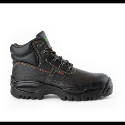 Bota de segurança preta em couro com sola antiderrapante e detalhes coloridos