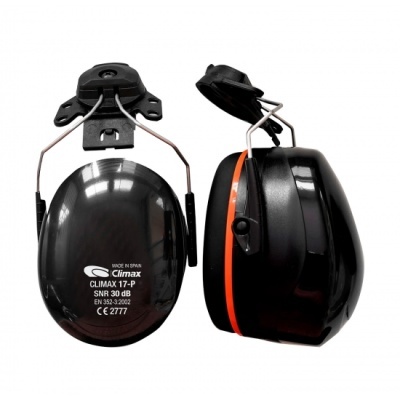 protetores auriculares pretos Climax com faixa metálica e detalhe laranja