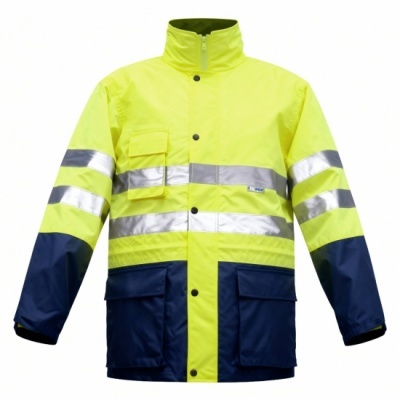 Casaco de alta visibilidade amarelo néon e azul com faixas refletoras prateadas