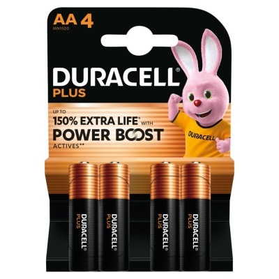 Pack de 4 pilhas AA Duracell Plus com coelho rosa e texto promocional