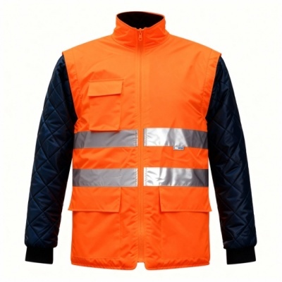 Casaco de proteção bicolor laranja e azul escuro com faixas refletoras e bolsos