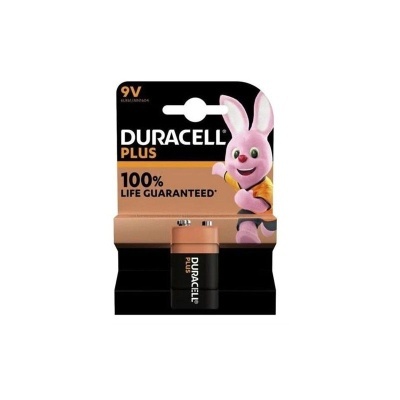 Pilhas Duracell Plus 9V em embalagem com mascote coelho