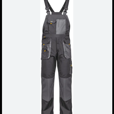 Macacão de trabalho preto e cinza com vários bolsos e alças ajustáveis