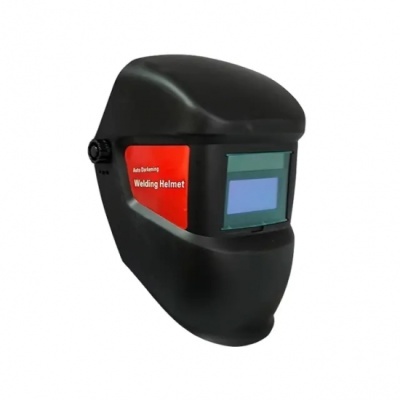 Capacete de protecção para soldadura preto com visor azul e etiqueta vermelha.