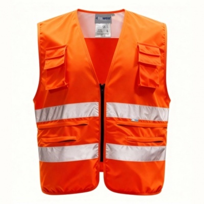 Colete de segurança laranja com faixas refletoras e bolsos