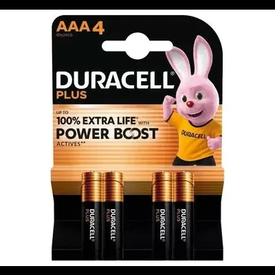 Pack de 4 pilhas AAA Duracell Plus com embalagem preta e laranja e coelho Duracell